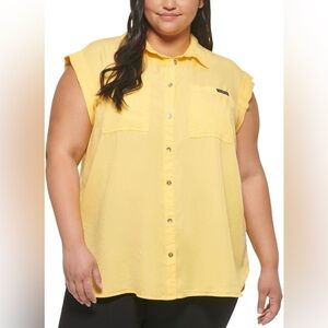 Calvin Klein Jeans Womens Yellow Tencel Blouse Button-Down Top Shirt Plus NWT